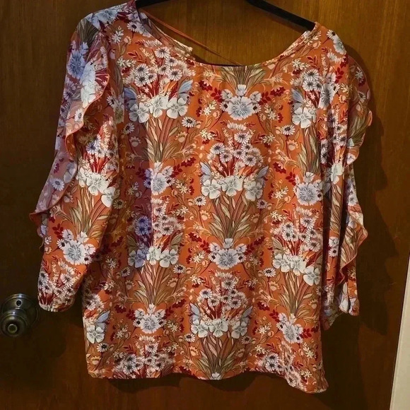 Lauren Conrad Floral Ruffle Sleeve Blouse M Orange Rust/White Boho Style - Picture 1 of 6